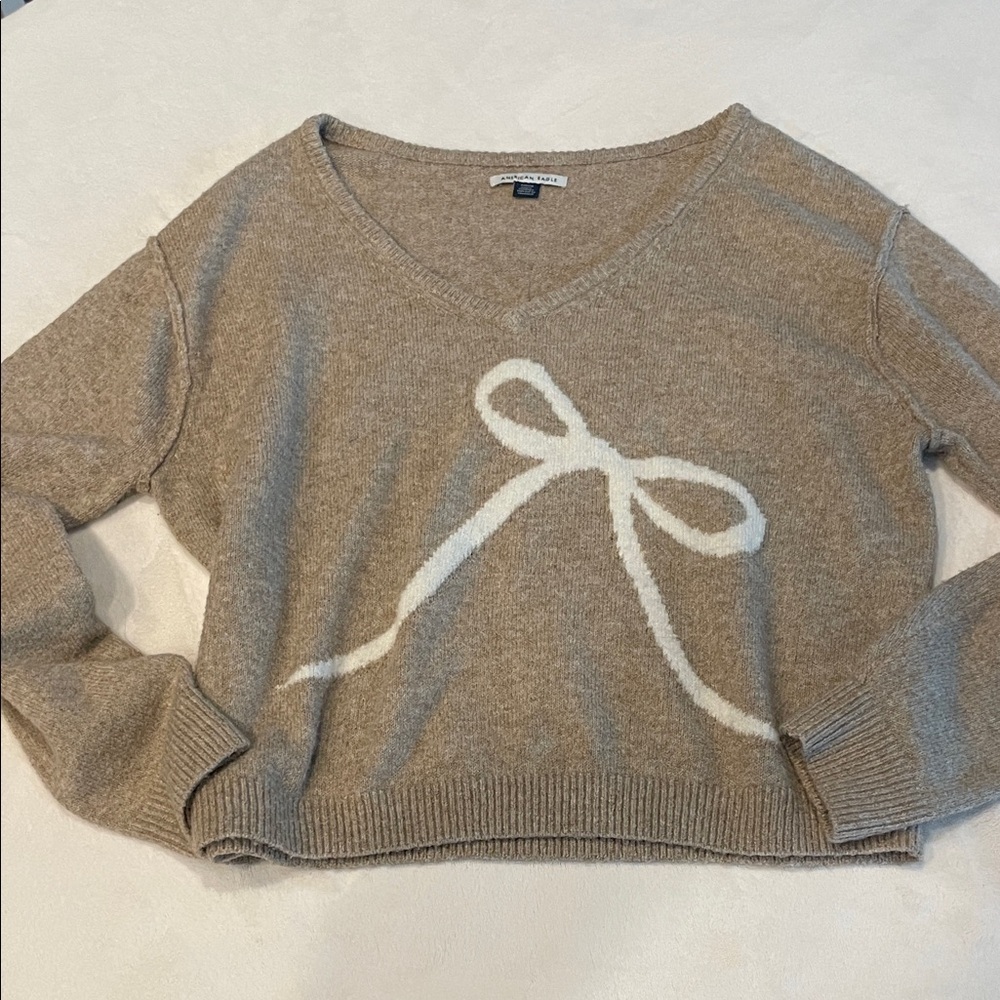 AE V-Neck Tan Sweater with White Bow